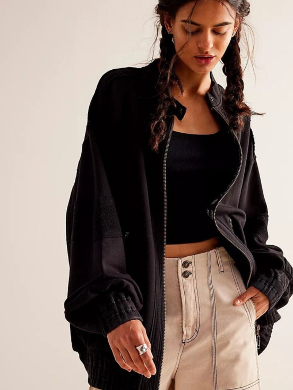 Free People Lou Moto Zip Jacket Dropped Shoulders Long Sleeve Black XS